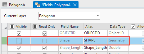 The field view of the feature layer in ArcGIS Pro.