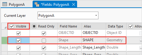 The field view of the feature layer in ArcGIS Pro.