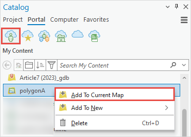 List of layers in the Catalog pane when connected to the organization's portal.