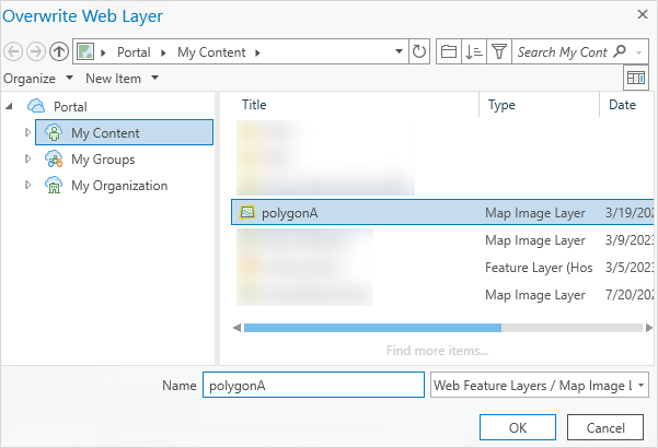 List of layers in the Overwrite Web Layer dialog box.