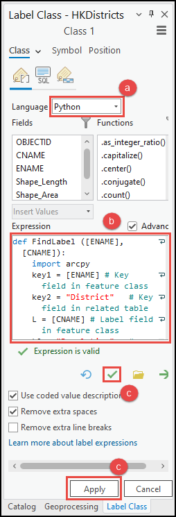 The Label Class pane with the parameters to be filled