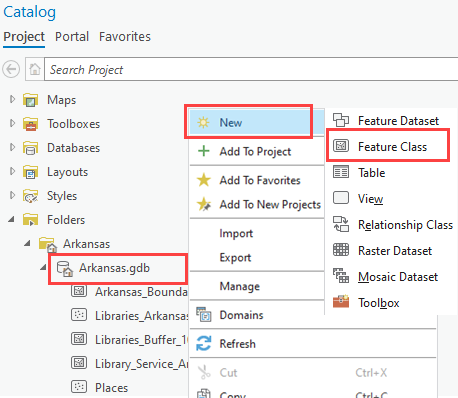 Click Feature Class from the context menu of the geodatabase.