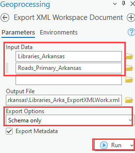 The Export XML Workspace Document pane.