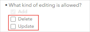 The 'Delete' and 'Update' options under 'What kind of editing is allowed?'.