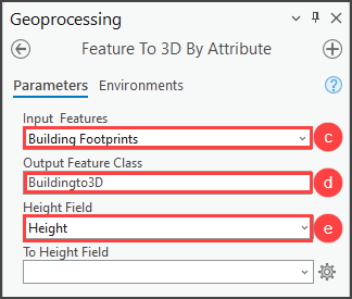 Configuring the Feature To 3D By Attribute tool parameters