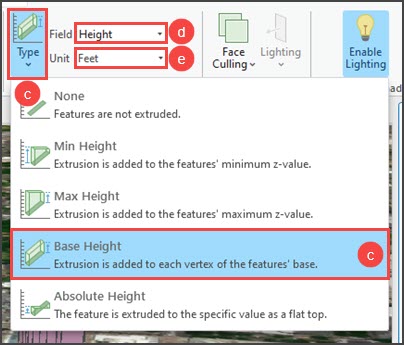 Configuring the layer extrusion on the ArcGIS Pro ribbon