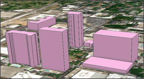 The 2D polygons extruded to visualize the building blocks in 3D