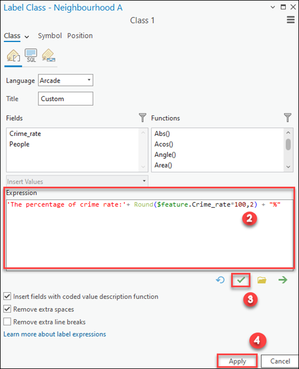 Expression configured in label class window