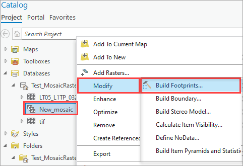 The Build Footprints option selected from the Catalog pane.