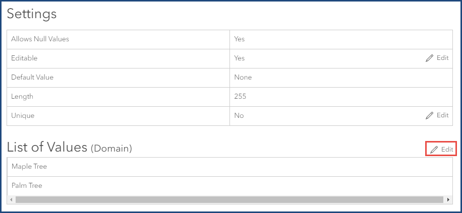 The Edit button for the List of Values (Domain).