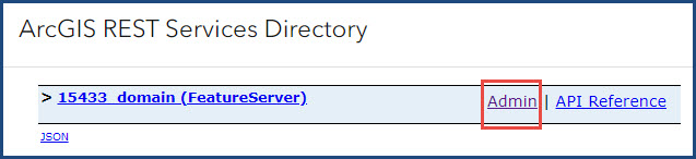 The Admin button in the ArcGIS REST Services Directory window.