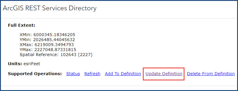 The Update Definition button in the ArcGIS REST Services Directory window.