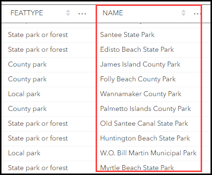 The NAME field containing park name values in the attribute table