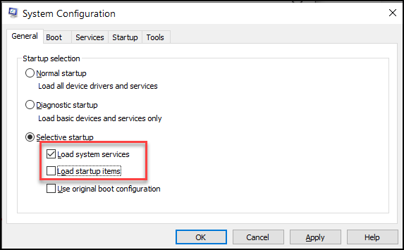 The 'Selective startup' options in the System Configuration window.