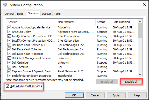 The image of the 'Hide all Microsoft services' option being selected in the System Configuration window.
