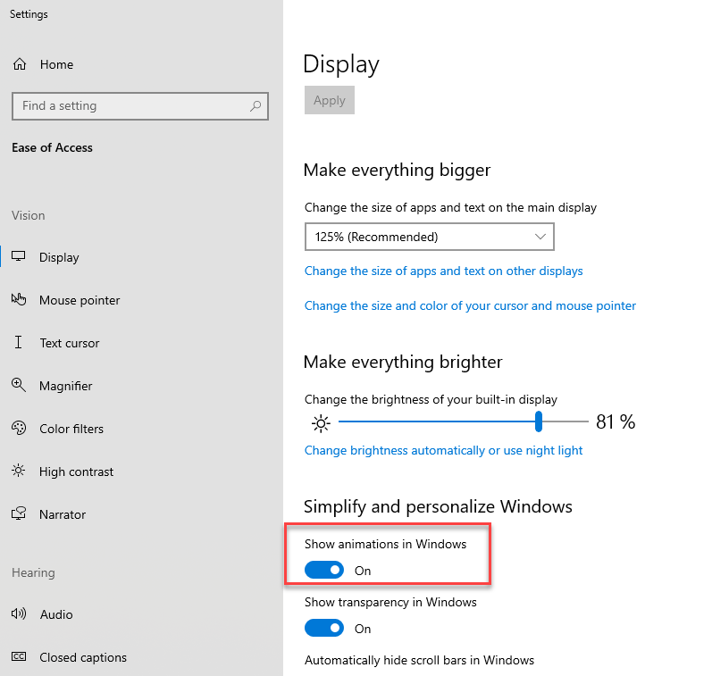 Show Animations in Windows is On
