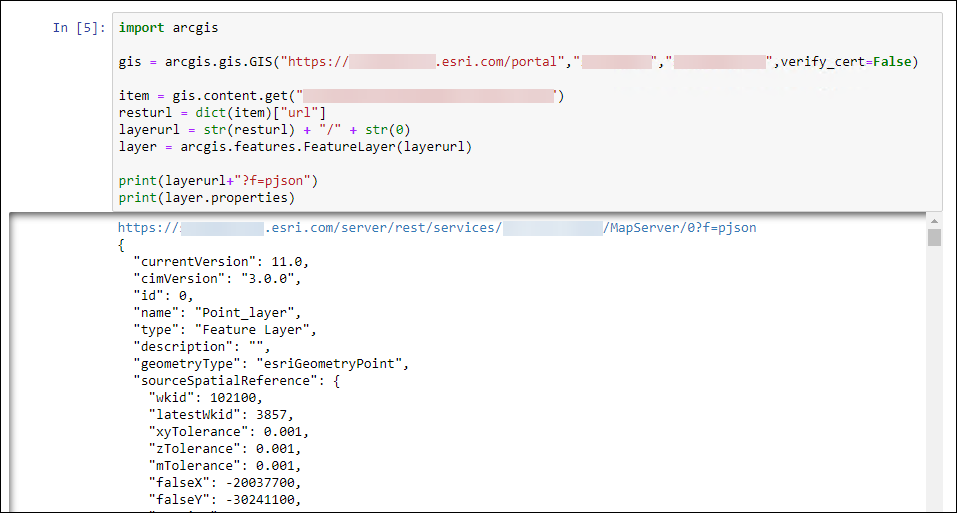 The JSON displaying the information of the specific feature service layer in ArcGIS Notebooks.