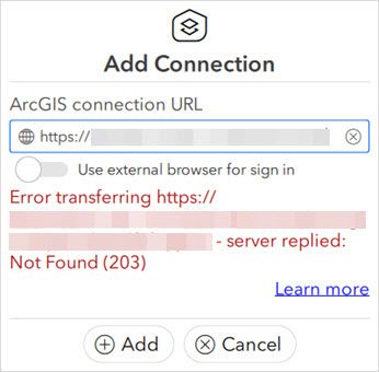 The error message, Error transferring <host name>.<domain> - server replied Not Found (203) is returned.