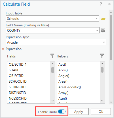 Toggle the Enable Undo option in the Caculate Field window.
