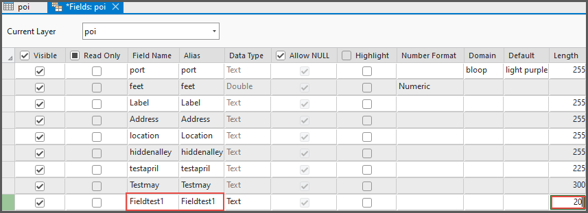 Specify the length for the Fieldtest1 in the Length column