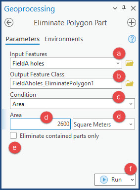 The Eliminate Polygon Part tool parameters in the Geoprocessing pane.