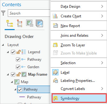 The Symbology pane in the layout view in ArcGIS Pro.