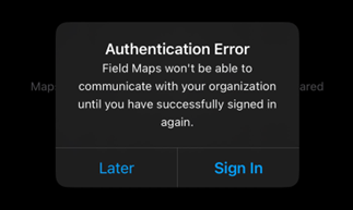 The Authentication Error message in the ArcGIS Field Maps mobile app