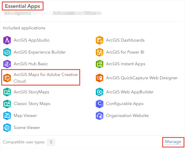Select ArcGIS Maps for Adobe Creative Cloud in the Essential Apps license.