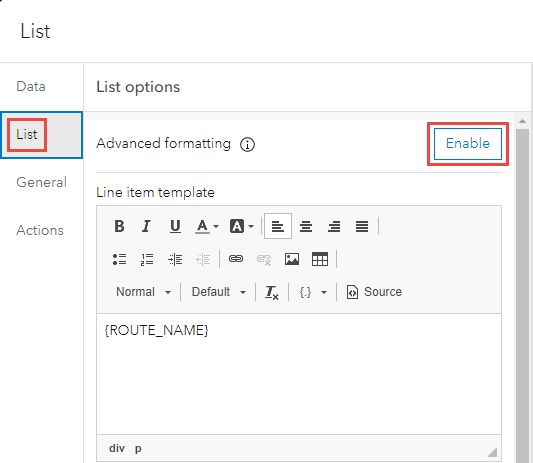 Enabling the advanced formatting of the List element in ArcGIS Dashboards