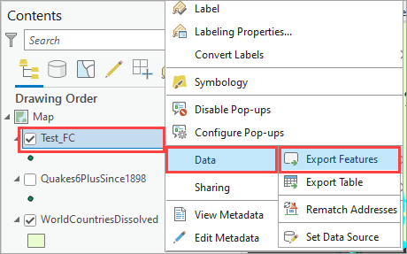 The Export Features option in the Contents pane.