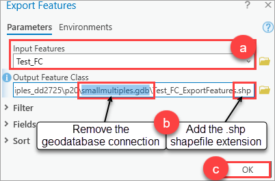 The geodatabase connection is removed and a shapefile extension added to the Output Feature Class parameter in the Export Features pane.