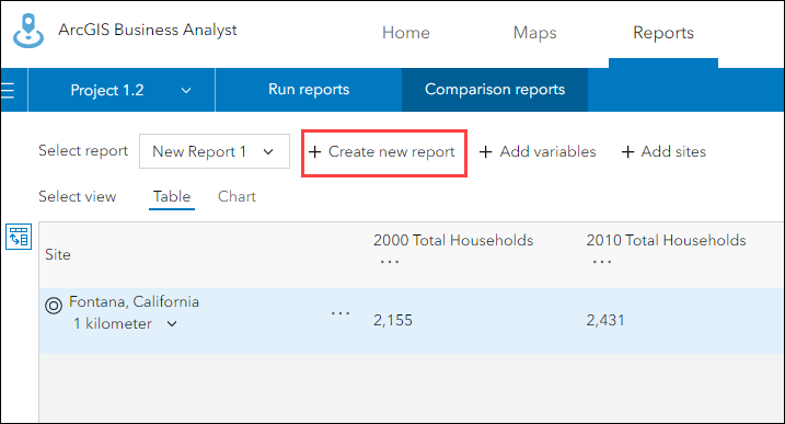 Create new report in the Comparison reports window