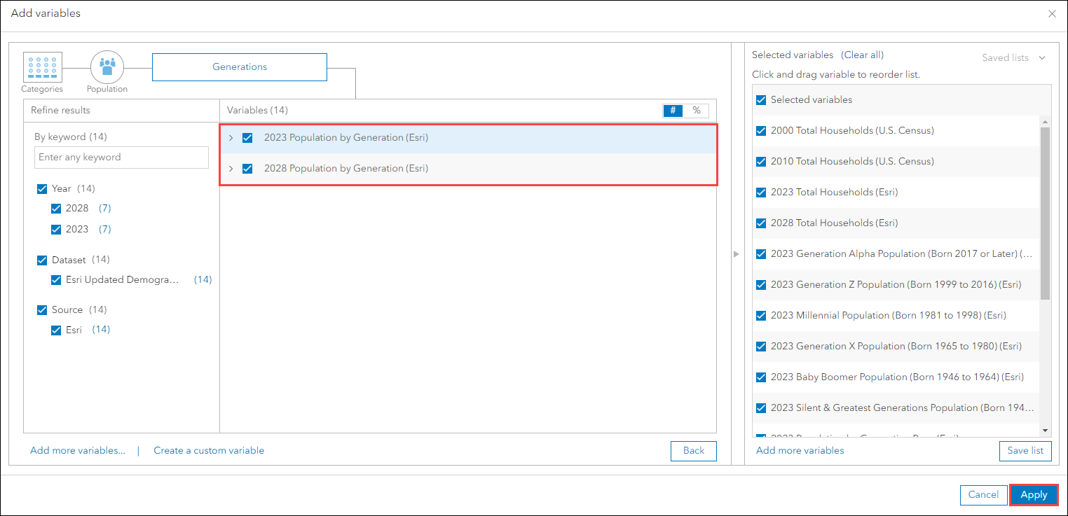 The variables selections in the Add variables window