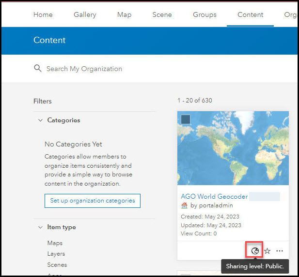 The image of the ArcGIS World Geocoding Service being shared publicly.