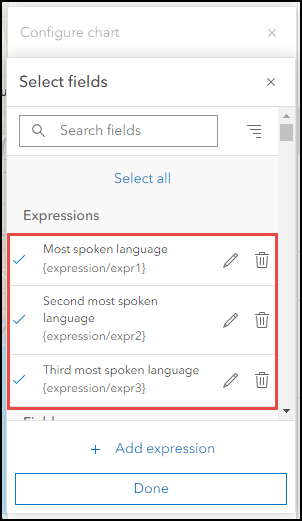 Three expression selected in the Select fields window