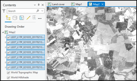 Selecting the bands of the Landsat 7 data on the Contents pane