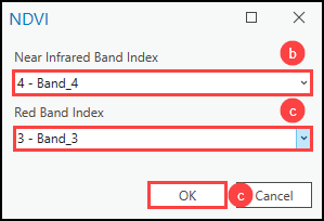 Configuring the band index numbers in the NDVI window