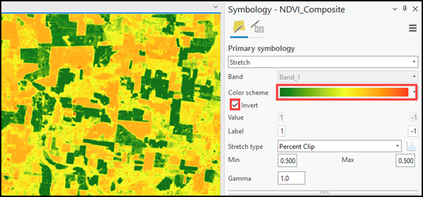 Changing the color scheme of the NDVI raster in the symbology pane