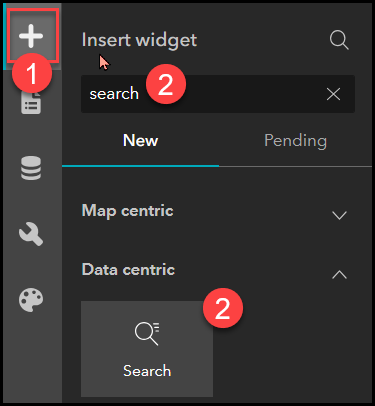 The image of the Search widget being searched in the Insert widget pane.