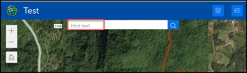 The image of the hint text being displayed in the Search widget in ArcGIS Experience Builder.