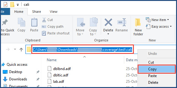 The coverage folder file path and copy option.