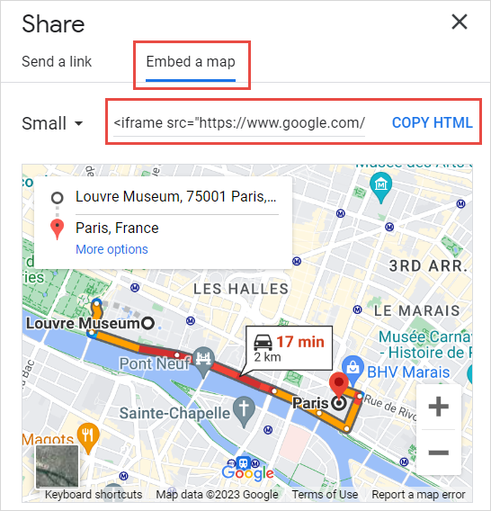 The embedded URL of the route map is in the Google Maps Share window.