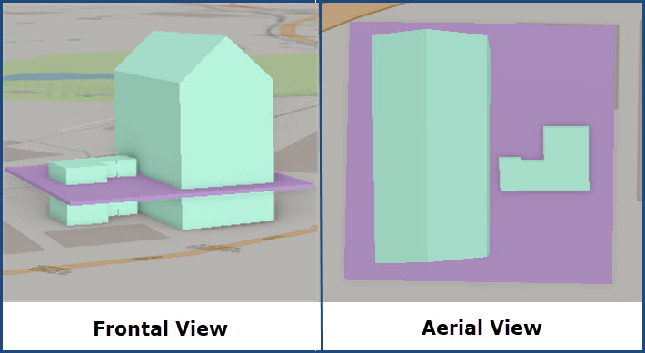 The frontal and aerial view of the newly created multipatch feature and the 3D building multipatch feature.