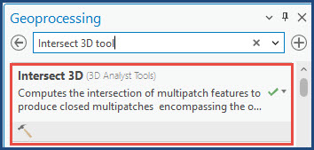 The Geoprocessing pane with the Intersect 3D tool search result.