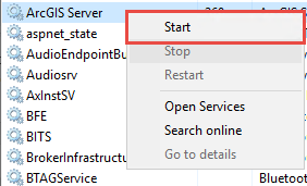 Starting the ArcGIS Server service in Task Manager