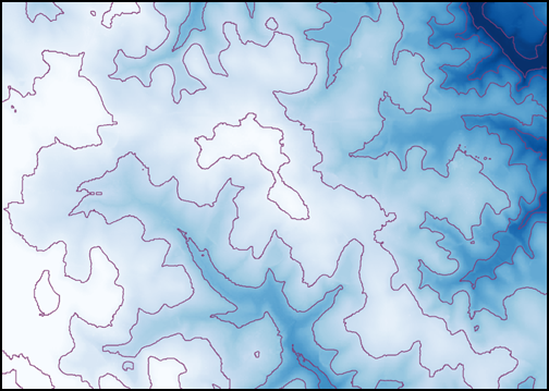 The mountain range contour lines on the map