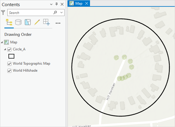 The circle polygon feature in a map view in ArcGIS Pro.