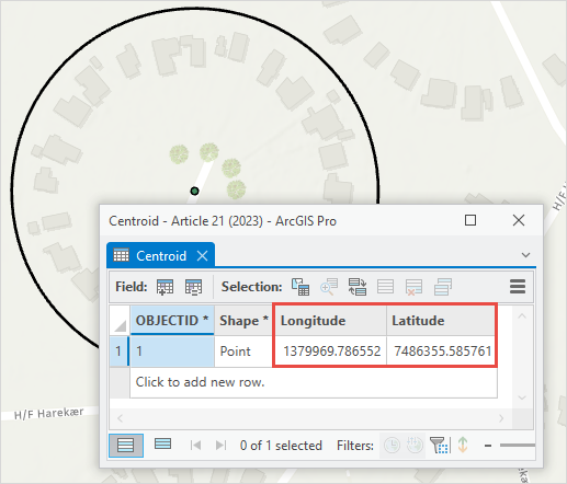 The longitude and latitude values of the centroid in the attribute table.