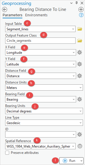 The Bearing Distance To Line tool pane is to be configured.