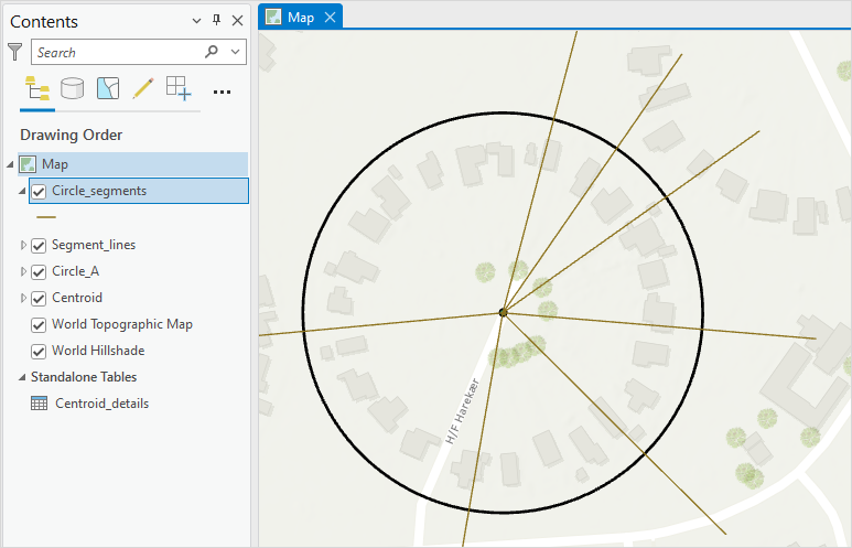 The line segments with specified angles in the map view.